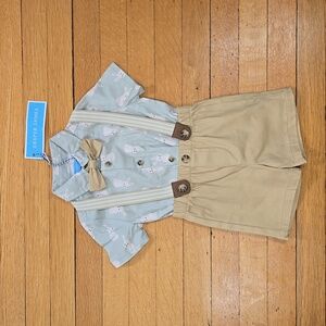 NWT, Draper James, Bunny Shirt Shorts Suspender & Bow Tie Set, Boy 6/9 Months